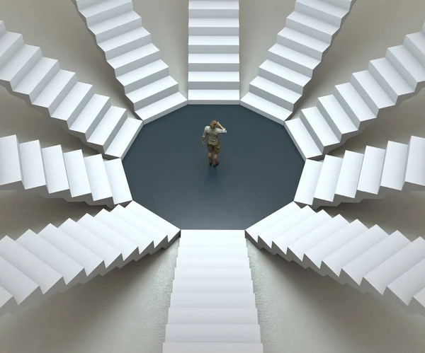 Homem Confuso Centro Muitas Escadarias Tomada Decisão Conceito Opções Diferentes — Fotografia de Stock