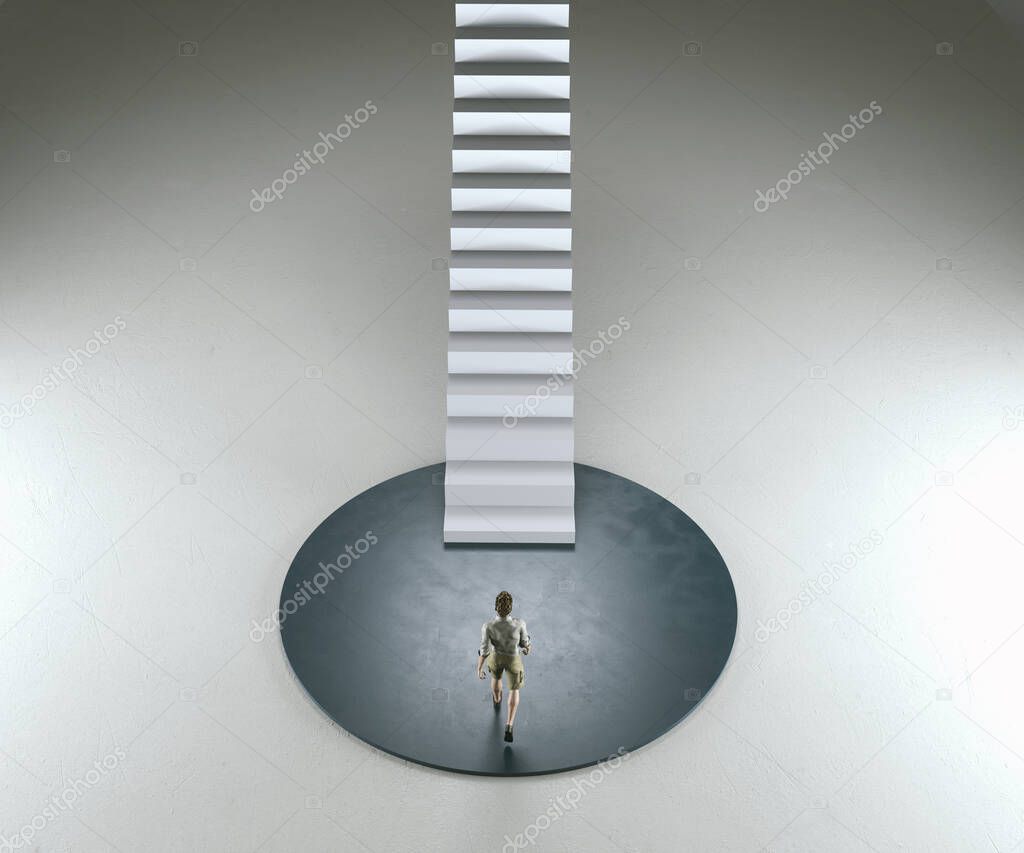 Man walking to a staircase . New journey concept . This is a 3d render illustration . 