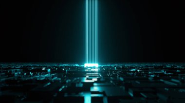 Çekirdeğinde neon ışıkları olan fütürist anakart. Bu 3 boyutlu bir çizim. .