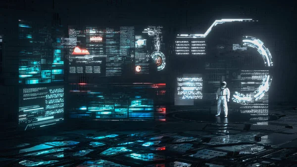宇航员在黑暗的科幻背景下观察未来的屏幕 这是一个3D渲染说明 — 图库照片