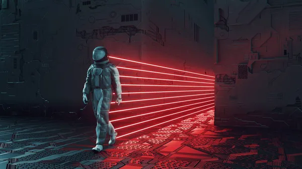 Astronautpromenader Och Neonljus Bakom Futuristisk Sci Bakgrund Detta Render Illustration — Stockfoto