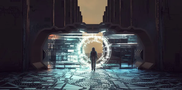 Astronaut Går Genom Futuristisk Portal Sci Bakgrund Detta Render Illustration — Stockfoto