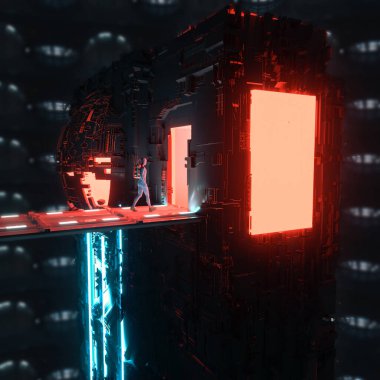 Robot gelecekten gelen bir köprüden içeri giriyor. Neon ışıkları olan fütürist bir bina. Bu 3 boyutlu bir çizim. .