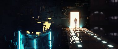 Robot gelecekten gelen bir köprüden içeri giriyor. Neon ışıkları olan fütürist bir bina. Bu 3 boyutlu bir çizim. . 