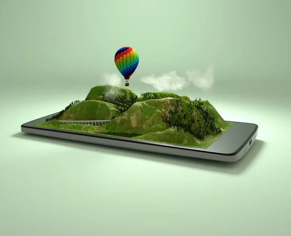 有高山景观的智能手机 旅行和预订应用程序的概念 这是一个3D渲染说明 — 图库照片