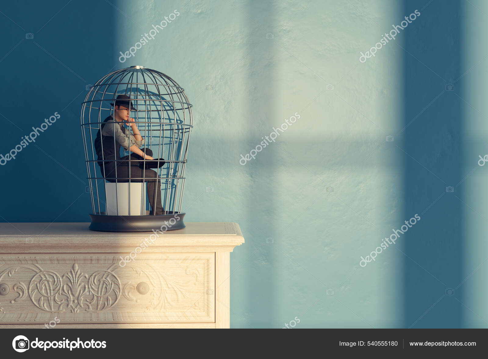 Thoughtful Man Bird Cage Escape Think Box Concept Render Illustration — Stock Photo © ALLVISIONN