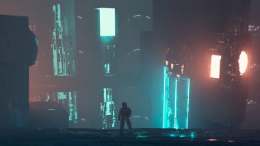 Astronaut in front of futuristic city with neon lights . Science fiction and futuristic innovation concept . This is a 3d render illustration . 