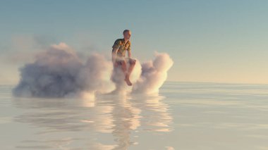 Man sitting on a cloud in the ocean . Dreaming and journey concept . This is a 3d render illustration . 