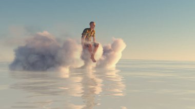 Man sitting on a cloud in the ocean . Dreaming and journey concept . This is a 3d render illustration .  clipart