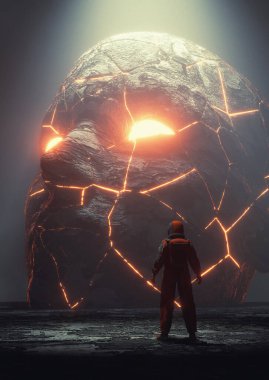 Astronaut and a human stone head . Science fiction and futuristic concept . This is a 3d render illustration . 