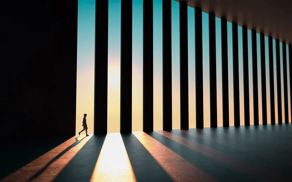Άνθρωπος Περπατά Μια Αίθουσα Επιχειρήσεων Κολώνες Κατά Διάρκεια Του Ηλιοβασιλέματος — Φωτογραφία Αρχείου