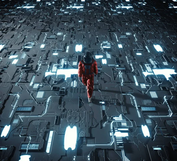 宇宙飛行士は サーキットやネオンで未来的な床を歩く 未来のテクノロジーとイノベーションの概念 これは3Dレンダリング図です — ストック写真