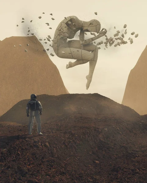 Astronauta Frente Una Estatua Humana Ciencia Ficción Concepto Realidad Virtual — Foto de Stock