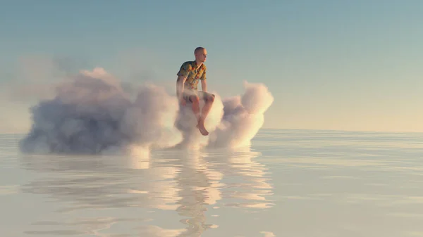 Hombre Sentado Una Nube Océano Concepto Ensueño Viaje Esta Una — Foto de Stock