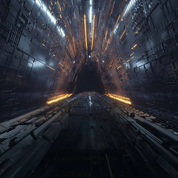 Futuristic dark tunnel with neon lights . Sci fi corridor . This is a 3d render illustration . 