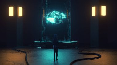 Neon ışıkları ve fütüristik bir makinesi olan karanlık bir oda. Teknoloji geliştirme ve araştırma konsepti. Bu 3 boyutlu bir çizim. . 