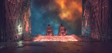 Uzay gemisinde oturan astronotlar uzay galaksisine bakıyor. Bu 3 boyutlu bir çizim. .