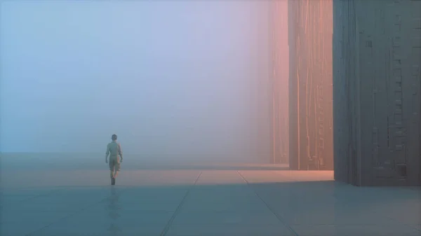 Man Walks Foggy Background Futuristic Columns Light Future Technology Innovation — Stock Photo, Image