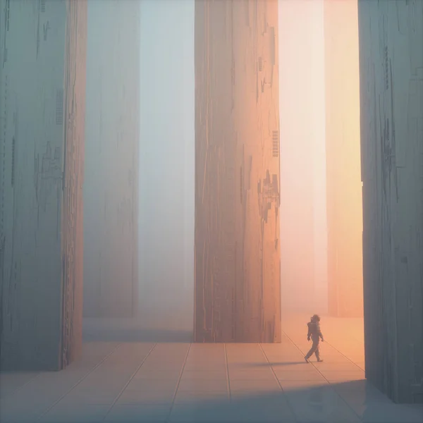宇航员在雾蒙蒙的背景上行走 带着未来派的柱子和灯光 未来的技术和创新概念 这是一个3D渲染说明 — 图库照片