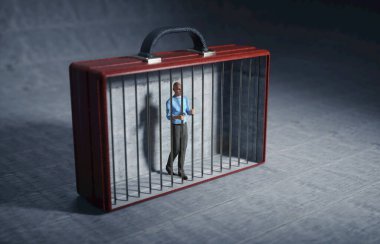 İşadamı bir bavul hapishanesinde kilitli. İşe saplanıp kalmış ve çok çalışan bir konsept. Bu 3 boyutlu bir çizim. . 
