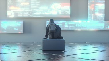 Fütürist hologram ekranlı astronot. Gelecekteki teknoloji ve yenilik kavramı. Bu 3 boyutlu bir çizim. . 