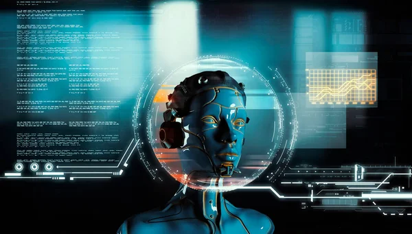 データ情報を持つ画面の前に未来型ロボット 人工知能とコンピューティングの概念 これは3Dレンダリング図です — ストック写真