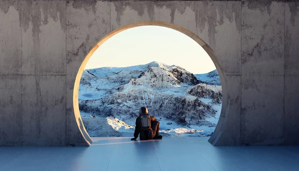 Astronaut Zit Bewondert Bergen Fantasie Ontdekking Concept Dit Een Weergave — Stockfoto