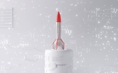 Fütürist sahnede roket ve arka planda veri baytları. Teknoloji ve yenilik kavramı. Bu 3 boyutlu bir çizim. . 