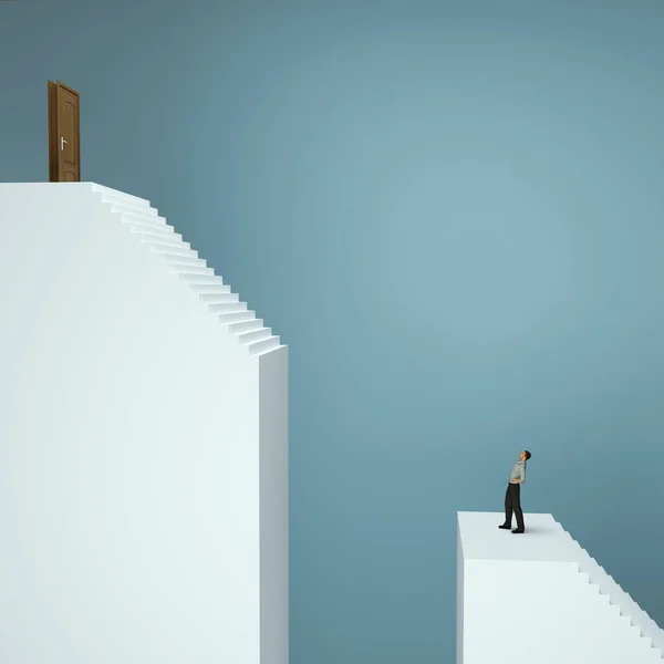 Man Looks Door Top Stairs Overcome Obstacles Risk Taking Concept — 스톡 사진