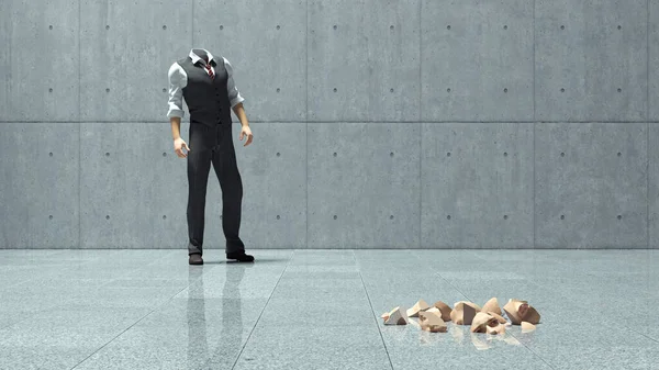 Kafasız iş adamı ve yerde yatan kafa parçaları. Aşırı düşünmek ve stres konsepti. Bu 3 boyutlu bir çizim. . 