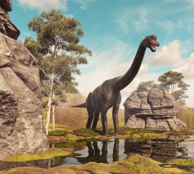 Dağlardaki Brachiosaurus 'lar. Bu 3 boyutlu bir çizim. .