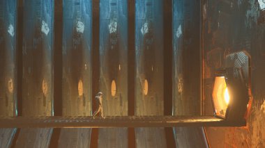 Bir uzay gemisine geçit açmak için fütüristik bir yapıda yürüyen astronot. Bilim kurgu ve fantezi konsepti. Bu 3 boyutlu bir çizim. .