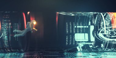  Astronot veri ve bilgi portalından uçuyor. Transfer ve yenilikçi teknoloji konsepti. Bu 3 boyutlu bir çizim. . 