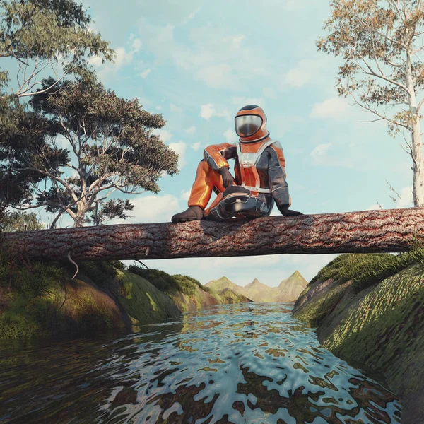 Astronaut Sitting Fallen Tree Nature Sci Fantasy Concept Render Illustration — Foto de Stock