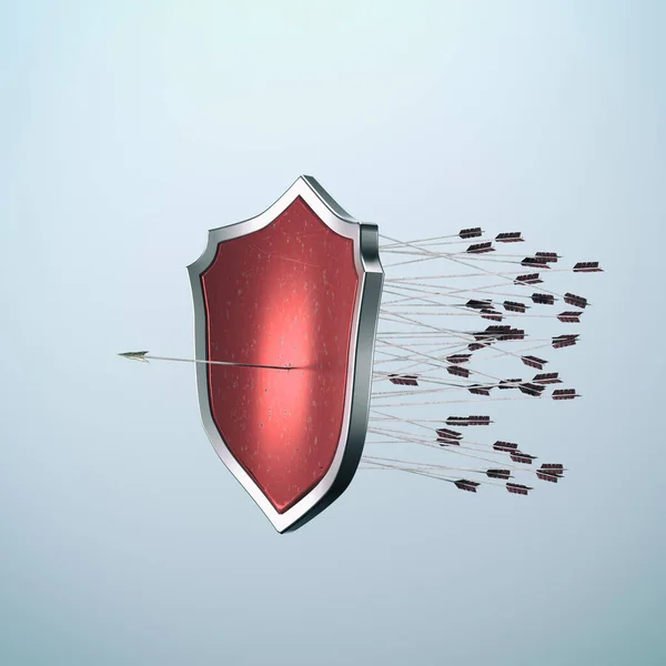 Shield full of missing arrows and one successful . Trial and error .  Never give up concept . This is a 3d render illustration .