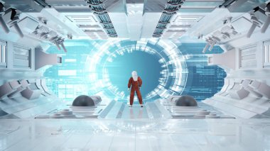 Astronot veri bilgileriyle ekranın önünde duruyor. Fütürist veri analizi. Bu 3 boyutlu bir çizim. . 