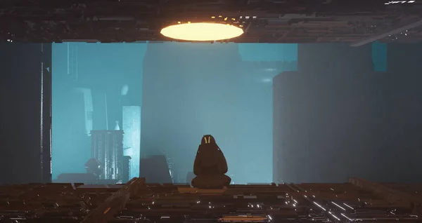 Astronaut Sitting Futuristic Structure Dystopian City Sci Fantasy Concept Render — Φωτογραφία Αρχείου
