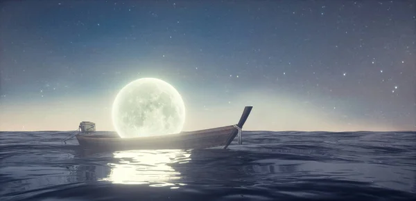 Moon in a boat in the ocean during night . Fantasy and dreaming concept . This is a 3d render illustration .