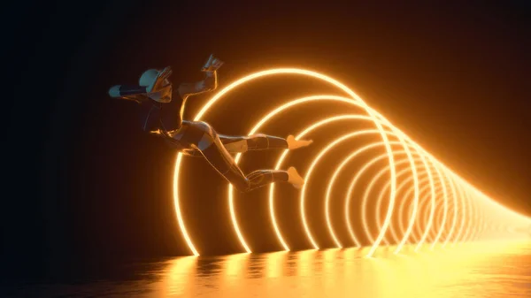 Futuristische Vrouw Drijvend Door Een Neontunnel Sci Meta Vers Concept — Stockfoto