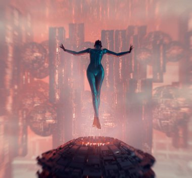 Abstract humanoid flies in a futuristic dark city . Fantasy and science fiction concept. This is a 3d render illustration . 