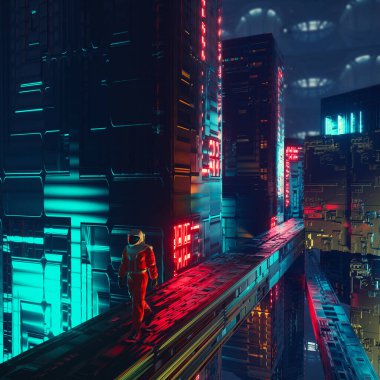 Astronaut walks on structure in a futuristic city . Dystopian and science fiction concept . This is a 3d render illustration . 