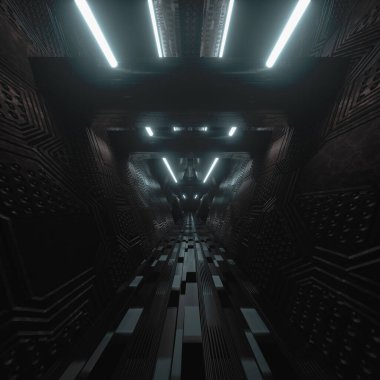 Dark sci fi tunnel with neon lights . Futuristic and fantasy concept . This is a 3d render illustration .