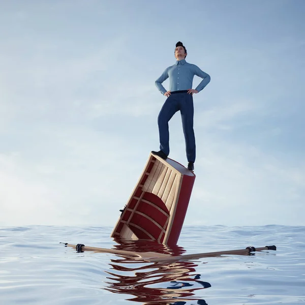 Man standing on top of a sinking boat . Think positive and mindset concept . This is a 3d render illustration .