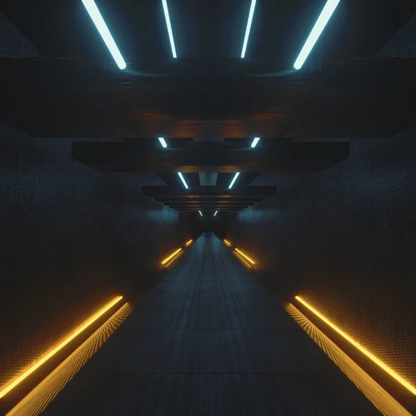 Dark Sci Tunnel Neon Lights Futuristic Fantasy Concept Render Illustration — Fotografia de Stock