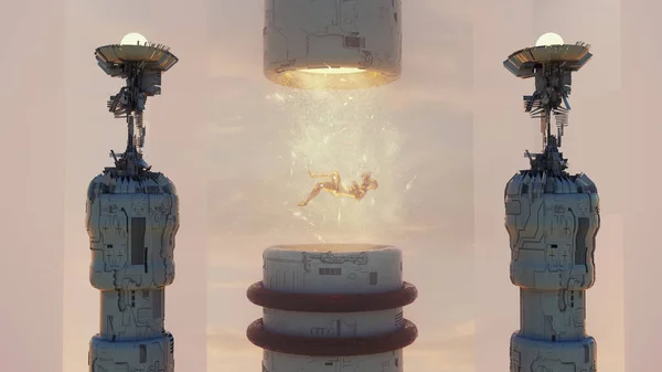 Robot Flies Tube Futuristic Dark City Fantasy Science Fiction Concept — Stok fotoğraf