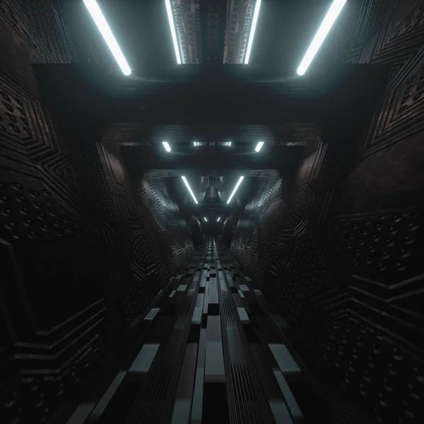 Dark Sci Tunnel Neon Lights Futuristic Fantasy Concept Render Illustration — Fotografia de Stock