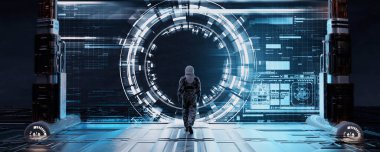 Kozmonot veri bilgileriyle yüksek teknoloji portalına gidiyor. Fütürist ve bilim kurgu kavramı. Bu 3 boyutlu bir çizim. .