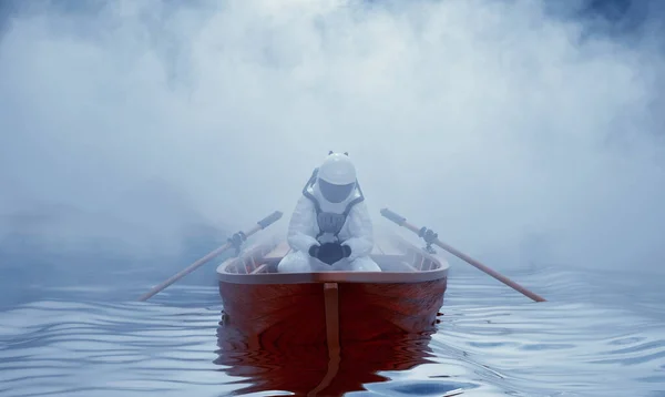 Astronaut Zit Een Boot Bij Oceaan Futuristisch Concept Dit Een — Stockfoto