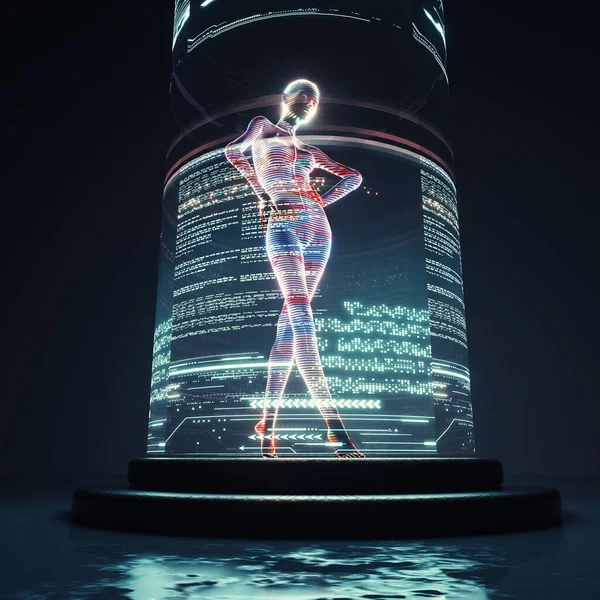 Futuristic woman and hologram data information . Meta verse and future technology concept . This is a 3d render illustration .