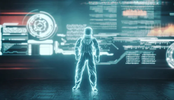 Holograma Astronauta Frente Tela Com Informações Conding Codificação Conceito Inovação — Fotografia de Stock